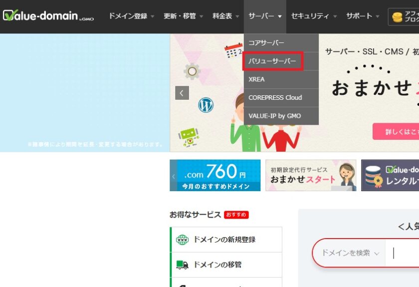 バリュードメインでバリューサーバを借りる